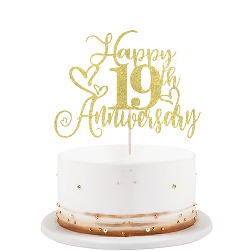 Gold Glitter Happy 19th Anniversary Cake Toppers-Wedding Anniversary Party