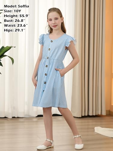 GORLYA Girls Flutter Sleeve A-Line Button Down Summer Striped Casual Midi Dress for 6-14Y Kids4