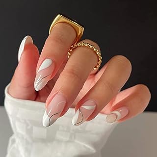 JUSTOTRY 24 Pcs Almond Press on Nails Short, Milky White and Glitter Gold French Stick on Nails with Designs,Pink False Nails Short for Women, Fake Nails Oval with Glue for Nails Art