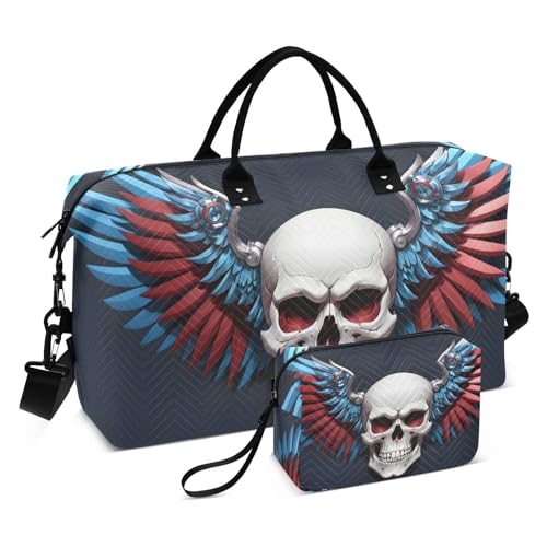 Large Travel Duffel Bag, Skull Metal Wings Sports Tote Gym Bag, Shoulder Weekender Overnight Bag for Women Men, Carry On Luggage with Toiletry Bags