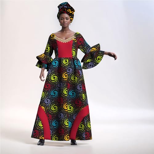 Image of iooiooi Womens African Print Party Maxi Dress Tradition Dashiki Ankara Long Dress & Headwrap