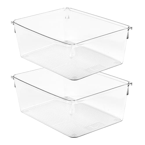 Amtido Drawer Organiser Tray Set - Clear Plastic Containers for Kitchen Utensils, Cosmetics, Food, and Stationery - Use in Drawers, Cupboards, Fridge, and Countertops (2 Pack - 15.2 x 20.3 x 8.3)