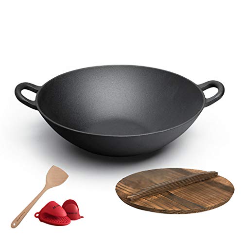 Wok de acero al carbono con fondo plano 14 pulgadas