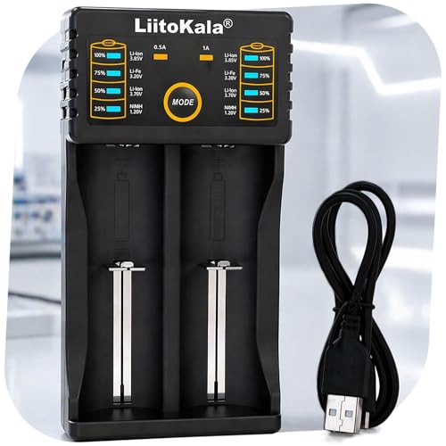 Intelligentes 2-Fach universal Akku Ladegerät 1.2V, 3.2V, 3.6V, 3.7V, für 18650, 16340, 14500, AA, AAA, NI-MH, Li-Ion, Li-Fe Batterien, Akkutyp-Erkennung, mit USB-A & USB-C Powerbank-Funktion