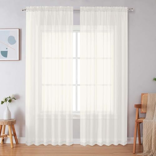 Image of Simplebrand Ivory Sheer Curtains 84 Inches Long, Light Filtering Rod Pocket Solid Color Window Sheer Curtain Panels, Elegant Curtains & Drapes for Living Room, Bedroom 2 Panels (Ivory, 59 inch W x 84 inch L)