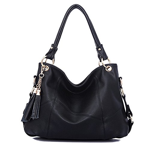 FiveloveTwo Womens Top-Handle Shoulder Bag Leather Satchel Handbags Tote Hobo Bags Purse Black(Size: 4)