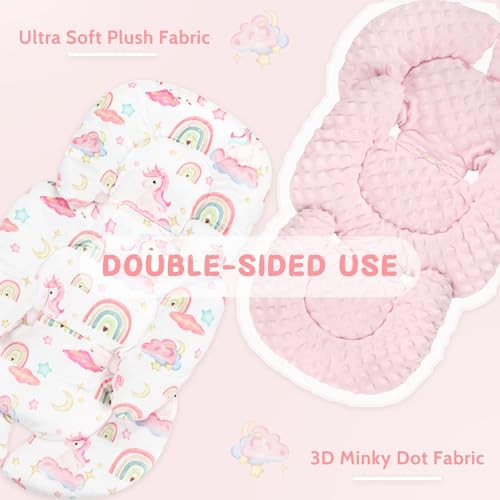 Image of Pea Pod Infant Car Seat Insert with Strap Covers, All in One Reversible Baby Car Seat Head Support for Newborn, 3D Soft Minky Carseat Cushion for Preemie to Infant, Stroller, Swing, Bouncer, Unicorn