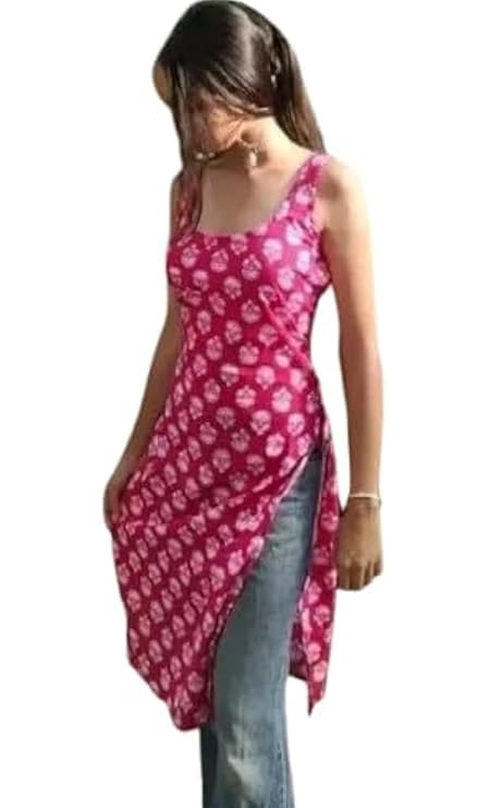 Pink Floral Printed Sleeveless Kurti Top for Women – Side Slit Straight Fit Summer Ethnic Tunic-image-18