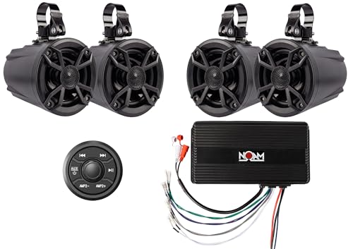 NOAM NUTV5 Quad - Marine ATV/Golf Cart/UTV Stereo System kit – Including 4 Waterproof Tower Speakers, Weatherproof Controller/Head Unit with Bluetooth and AUX Input and Four Channels Amplifier