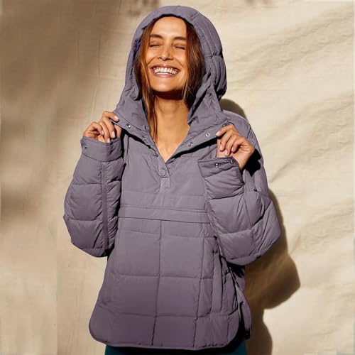 Womens Quilted Pullover Puffer Jacket Winter Warm Packable Lightweight Oversized Long Sleeve Hooded Coats with Pocket3
