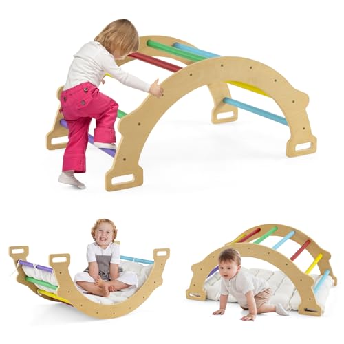 HOMASIS Kletterbogen mit Kissen, Holz Klettergerüst Indoor, Montessori Holzwippe Bogenwippe zum Wippen & Klettern, Picklerdreick Baby, Kletterdreieck Klettergeräte für Kinder ab 3 Jahre (Bunt)