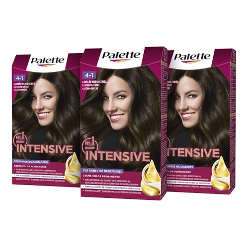Palette Intensive Creme Color 4-1 Castaño Medio Ceniza, tinte de pelo permanente con aceite de macadamia y almendras, cubre el 100% de las canas y raíces, para un color radiante, Pack 3