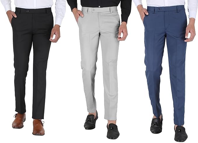 Men's Slim Fit Formal Trousers | Pants for Men | Stylish Premium Men's Wear | for Office, Party and Casual Wear | Viscose Blend | Combo Pack | Pack of 3