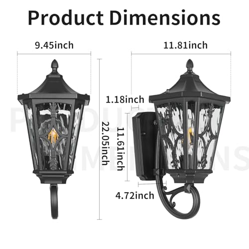 Image of 23 inch Outdoor Wall Light Fixtures,Exterior Waterproof Wall Lantern, Porch Sconces Lighting with E26 Socket & Water Ripple Glass Shades,Matte Black Outside Wall Lantern Light for House Front Door Garage