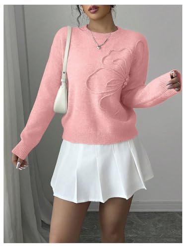 Image of RoseSeek Women's 3D Floral Appliques Crewneck Sweaters Long Sleeve Drop Shoulder Pullovers Elegant Knit Tops