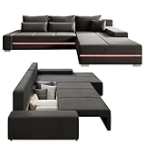 Juskys Sofa Davos Rechts mit Schlaffunktion   Ecksofa für Wohnzimmer mit Bettkasten & LED   Stoff Schlafsofa L Form Couch Beleuchtung   Dunkelgrau