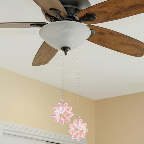 Image of LEFERS Ceiling Fan Pull Chain, 2 Pieces 1.8 inch Crystal Glass Flower Pendants with 24 inch Ceiling Fan Chain Extender and Connector (Pink)
