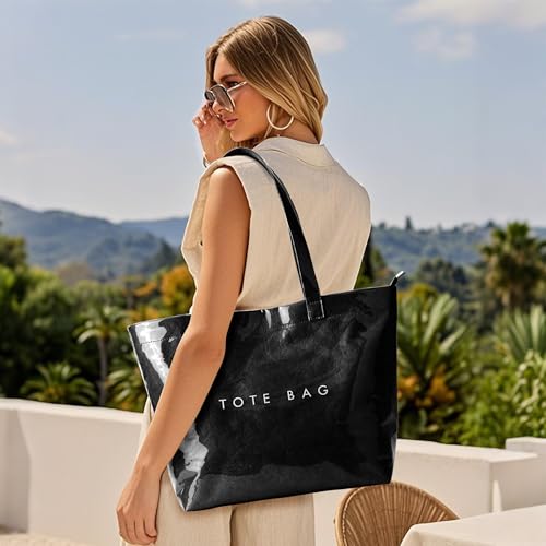 Image of KALIDI PVC Zipper Tote Bag, Jelly Kraft Paper Beach Bag Large Hobo Carry All Travel Shopping Handbag Plastic Shoulder Bag