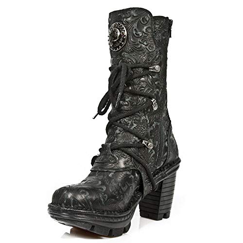 New Rock NEOTR005-S25 Vintage Floral Black Gothic Rock Punk Ladies Leather Fashion Calf Boots4