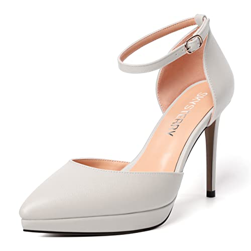 SKYSTERRY Womens Pointed Toe Wedding Matte Platform Buckle Ankle Strap Sexy Stiletto High Heel Pumps Shoes 4 Inch
