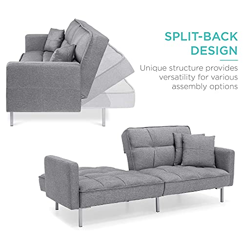 Best Choice Products Convertible Linen Fabric Tufted Split-Back Plush Futon Sofa Furniture For Living Room, Apartment, Bonus Room, Overnight Guests W/ 2 Pillows, Wood Frame, Metal Legs - Dark Gray #TOP1