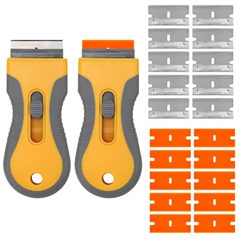 2 PCS Glass & Ceramic Scraper, Adjustable Paint Scraper with 20 Steel & Plastic Sticker Remover Tool Accessories for Cleaning Paint, Sticker, Floor Decals Cover