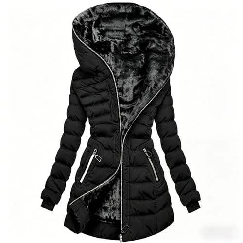 KUNIIS Cappotto Invernale Donna Lunghezza Media Imbottito Foderato Peluche Cappuccio Giacca Slim Fit Parka Trapuntata, S-3XL (Black,L)