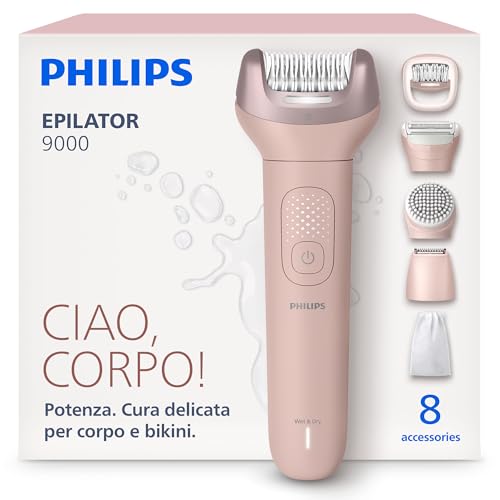 Philips Epilatore Serie 9000 - Epilatore Elettrico Wet & Dry Senza Fili, Per Gambe, Corpo E Zona Bikini, Con Proguide, 8 Accessori, Autonomia Di 60 Minuti, Modello BRE719/00