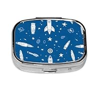 Pill Box 2 Compartment Blue Cartoon Spaceship Tablet Box with Mirror Small Pill Organiser for Purse or Pocket Vitamin Organiser