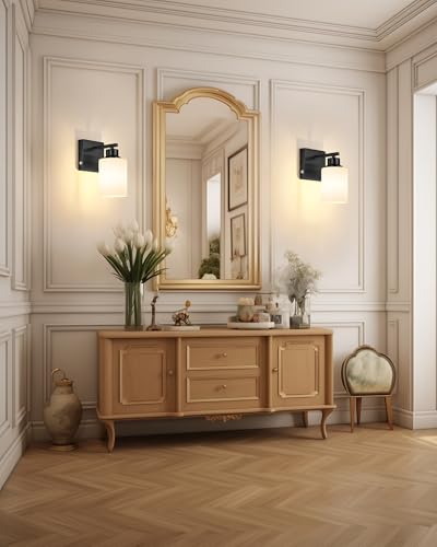 Image of Rayogale Wireless Battery Operated Wall Sconce Set of 2 with Remote Control | Black Dimmable Rechargeable Wall Lights with Timer, Easy Install White Glass Lamp for Living Room Bedroom, Emergency 3000K