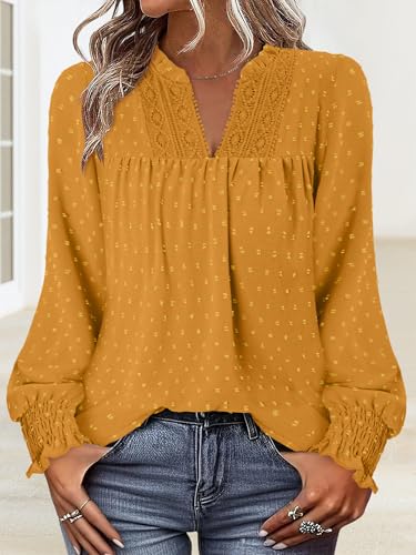 BETTE BOUTIK Women Boho Long Sleeve Shirts Dressy Casual V Neck Fall Fashion Tops Swiss Dot Flowy Blouses
