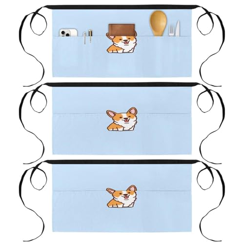 Tablier court de cuisine lot de 3 avec poches motif corgi multicolore pour bistrot