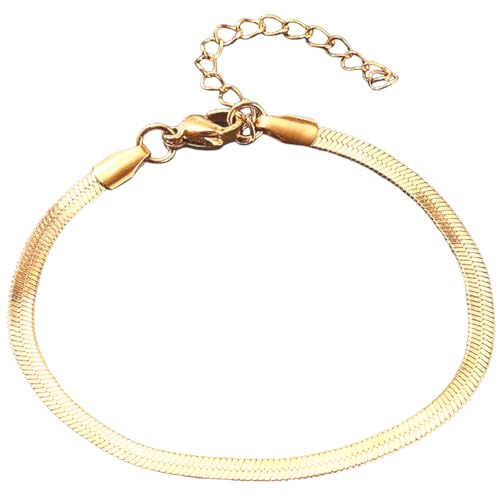 BEAMARKER Pulsera de Cadena de Serpiente Plana de Espiga, Joyería Vintage de Acero Inoxidable Dorado Brillante para Hombres Y Mujeres, Pulseras de Espiga Apilables Simples Y Delicadas En Capas, Acceso
