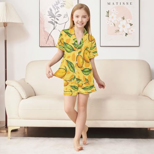 Satin Pajama Sets Short Sleeve Lemon Leaf Pattern Button Down Silky Nightwear 2 Piece PJS 5-14Y3