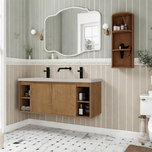 Image of Floating Bathroom Vanity, 48 inch Bathroom Storage Cabinet with Double Resin Sinks, 2 Soft-Close Doors & 4 Open Storage Shelves, Wall-Mounted Vanity with Extra Three-Layer Spacious Shelves, Oak