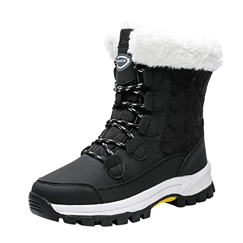 Sunnyuk Botines de vaquero para mujer con flecos, botas de nieve planas a prueba de calor, botas con cordones para mujer, botas de agua con cierre de terciopelo redondo y puntera redonda, botas de