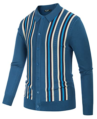 Mens Striped Cardigan Long Sleeve 70S Vintage California Open Front Polo Neck Sweater Blue M #TOP1