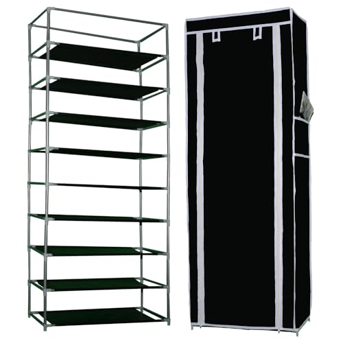 Image of OBBO 9-Layer Collapsible Shoe Rack | Space-Saving, Portable & Foldable Shoe Organizer with Durable Metal Frame | Compact Storage Shelf for Shoes, Slippers & Boots | Black
