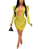 Remelon Womens Elegant Sequin Long Sleeve V Neck Bodycon Cocktail Party Mini Dresses Yellow