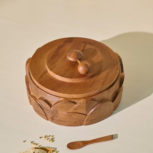 Image of Brick Brown Wooden Dial Masala Box with Lid | Spice Box Organizer Storage Box with 7 Stainless Steel Containers & Wooden Spoon | Hand-Carved Masala Dani Spice Rack for Kitchen 8.5x 8.5 x 4.5 Inch
