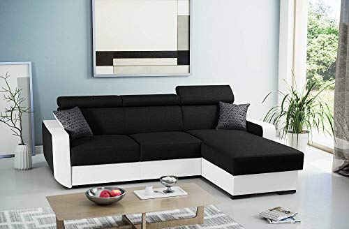 Best Mobilier - Canapé d'angle Réversible Dustin - Canapé 4 Places Convertible, en Simili et Tissu - Coffre de Rangement - Têtières Réglables - Fabriqué en Europe - Noir/Blanc