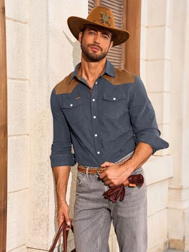 Image of Yousify Mens Western Cowboy Shirt Retro Corduroy Shirts with Pockets | Long Sleeve, Button Down, Vintage Snap Shirt, Country Shacket Jackets