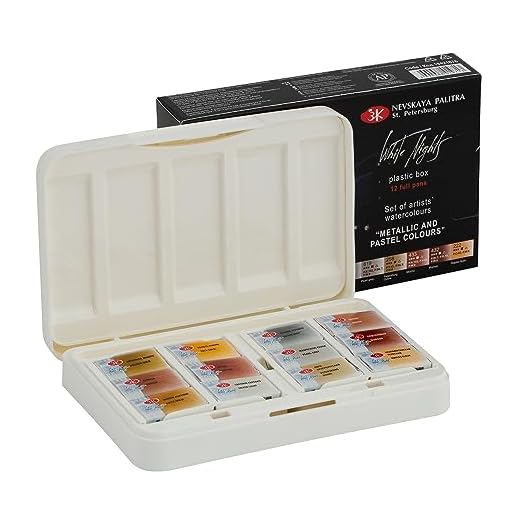 White NIghts Nevskaya Palitra - Juego de acuarelas extrafinas de grado profesional para artistas, 12 sartenes completas, colores metálicos en paleta de plástico