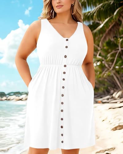 Image of Holipick Women's Plus Size Summer Dresses for Women Casual Dress with Pockets A-Line Swing Button Down Sleeveless V Neck