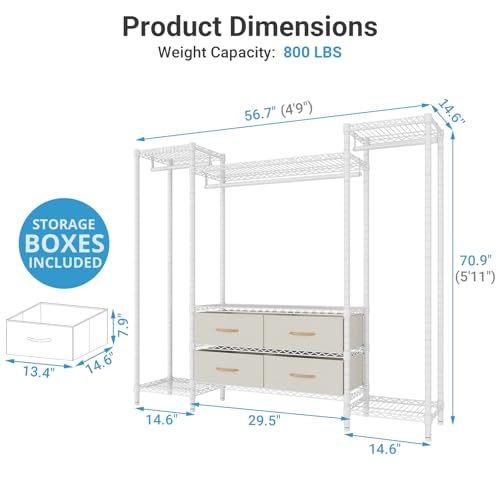 VIPEK V20 Wire Garment Rack Heavy Duty Clothes Rack, Metal Clothing Rack with 6 Shelves, 3 Hang Rods & 4 Fabric Drawers, Compact Freestanding Closet Wardrobe, 56.7" L x 14.6" W x 70.9" H, White