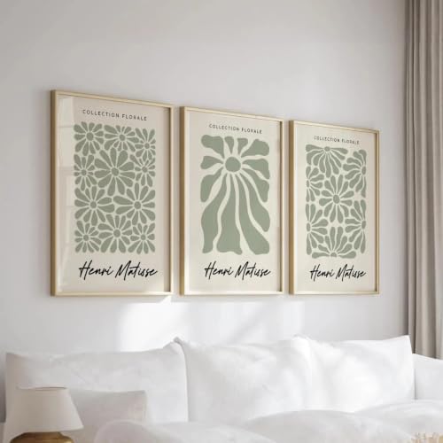 Lienzo de Henri Matisse en verde salvia: pack de 3 cuadros modernos de 30x50 cm para salón 3