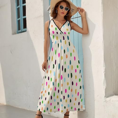 Robe maxi col V sans manches en textile fluide imprimé rétro