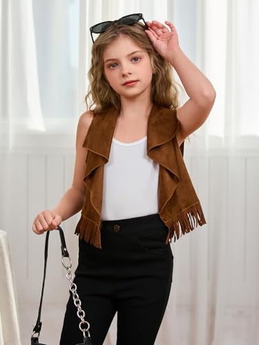 SOLY HUX Girl's Cute Vest Sleeveless Fringe Suede Vests Western Vest Jacket Cardigan Trendy Fall Outerwear4