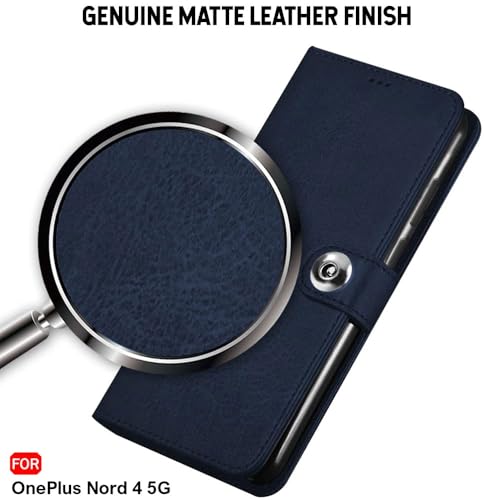 Image of TheGiftKart Genuine Leather Finish Flip Back Cover Case for OnePlus Nord 4 5G | Inbuilt Pockets & Stand | Wallet Style | Designer Button | Flip Cover Back Case for OnePlus Nord 4 (Faux Leather, Blue)