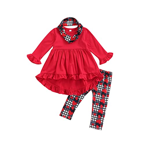 2PCS Kids Girl Clothes Ruffles Arrow Tee Shirt Flare Stripes Pants Outfits Baby Girl Floral Pants Set (Red Clothes Set, 4-5T)